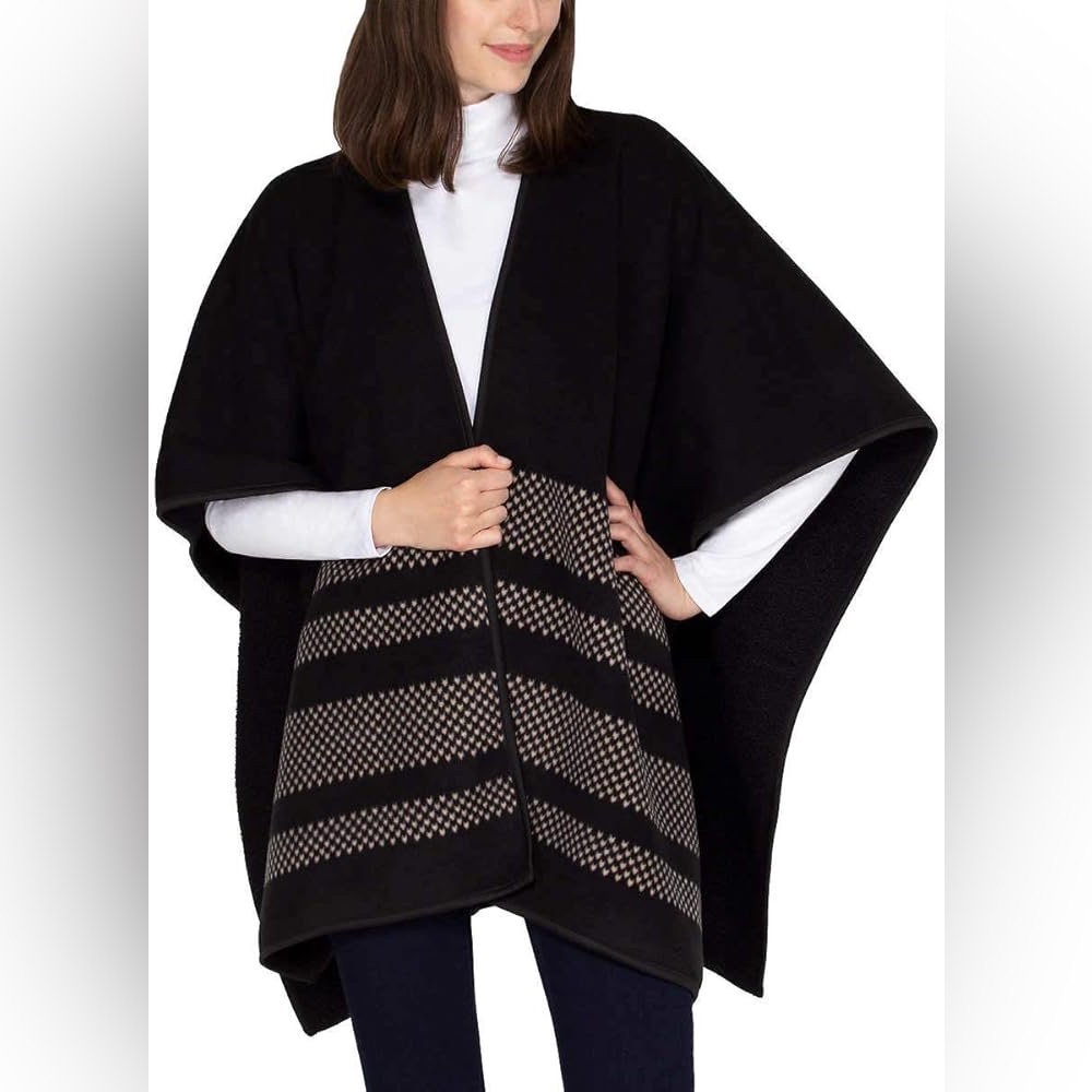 Ike Behar Women’s Reversible Wrap High Pile Fleece Black Poncho Open Cardigan